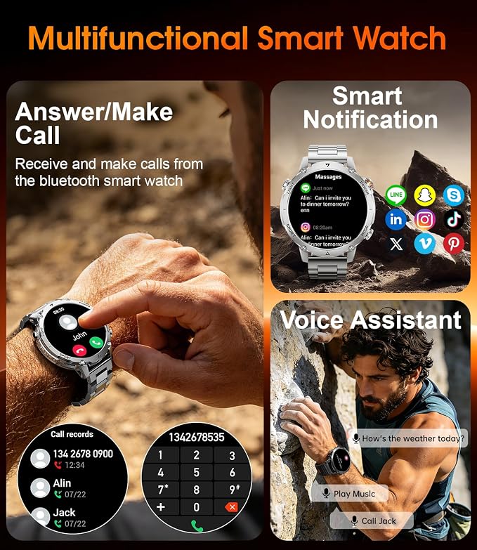 LIGE Military Smart Watch for Men, 1400mAh 60-Days Battery, 1.85" HD Smartwatch with LED Flashlight, 100+ Sports Mode, IP68 Waterproof, Pedometer, Fitness Watch for Android iOS (Sliver)