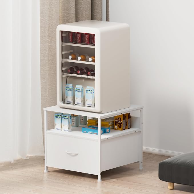 Unionly180 lb Mini Fridge Table with Drawer Fridge Shelf, Mini Fridge Cabinet with Storage,Heavy Duty Fridge Standwith Charging Station, 4 Adjustable Feet for Home Kitchen (White)