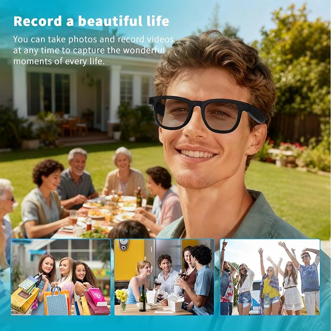 Smart Glasses with Camera & AI, 8MP Photo/Video Recording Glasses with Image Stabilization, Live Translation & Voice Control, Bluetooth Music, for Outdoor Cycling Travel Recording