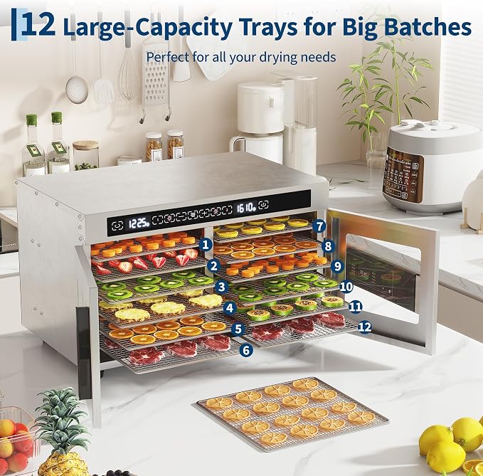 Dual-zone Food Dehydrator, 6x2 Stainless Steel Trays, 85-170°F Temperature | 520W Jerky Dehydrator with Independent Zone Control, 6.3 ft² Drying Space, 24H Timer, for Meat, Fruit, Veggies, Dog Snacks