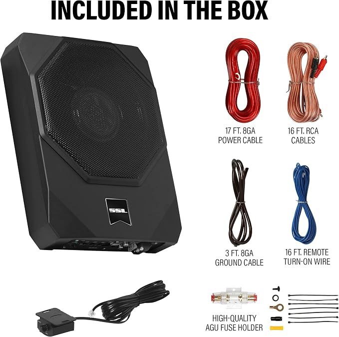 Sound Storm Laboratories US10K 10 Inch Powered Under Seat Car Subwoofer - 1000 Watts Max, Dual 4 Ohm Voice Coil, 8 Gauge Amp Installation Kit