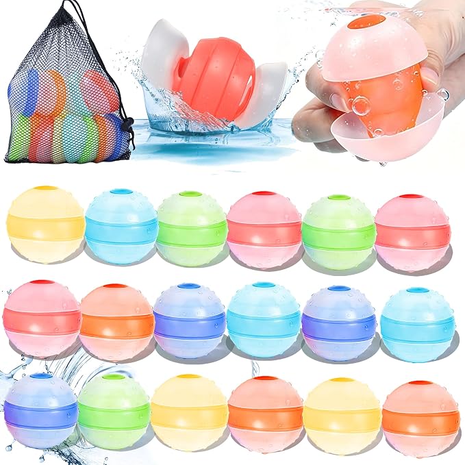 Self-Sealing Reusable Water Balloons for Kids – 18 Pack Soft Silicone Splash Balls, No Magnets, Quick-Fill Outdoor Water Battle Toys for Toddlers Boys Girls Ages 3+ (Reusable Water Balloons-18 Packs)