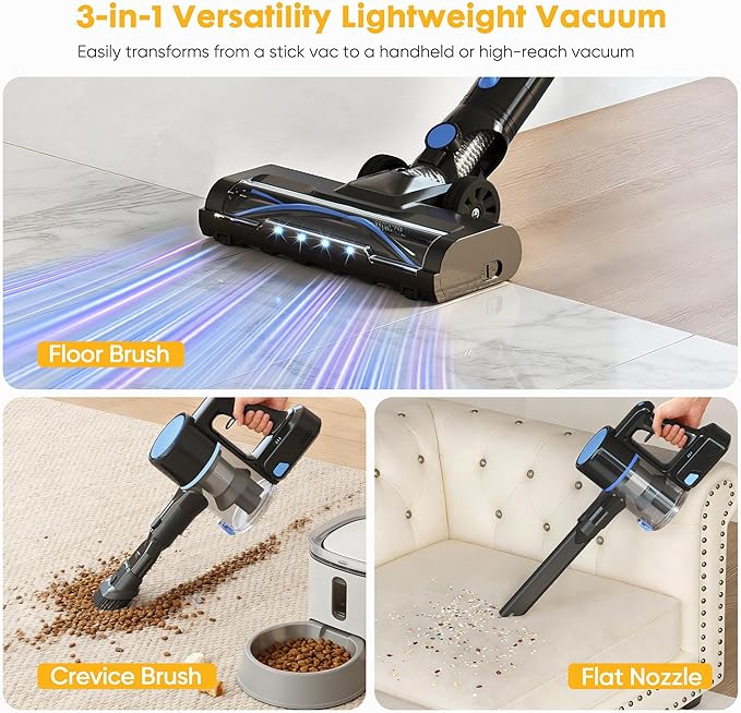OLIXIS Cordless Vacuum Cleaner with Flexible Steering & Extendable Pole,3 Brush Heads, Lightweight Wireless Rechargeable Upright Vacuum with LED Light & Wall Mount for Hardwood Floors & Carpet