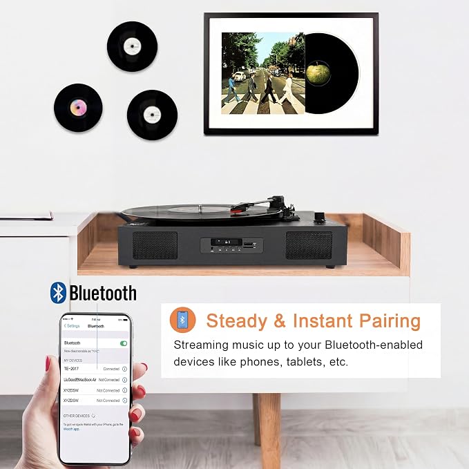Vinyl Record Player with Built-in Stereo Speakers, Vinyl to USB Recording, Belt Drive 3 Speeds Turntables for Vinyl Records Support Bluetooth Input AUX RCA Output, Black