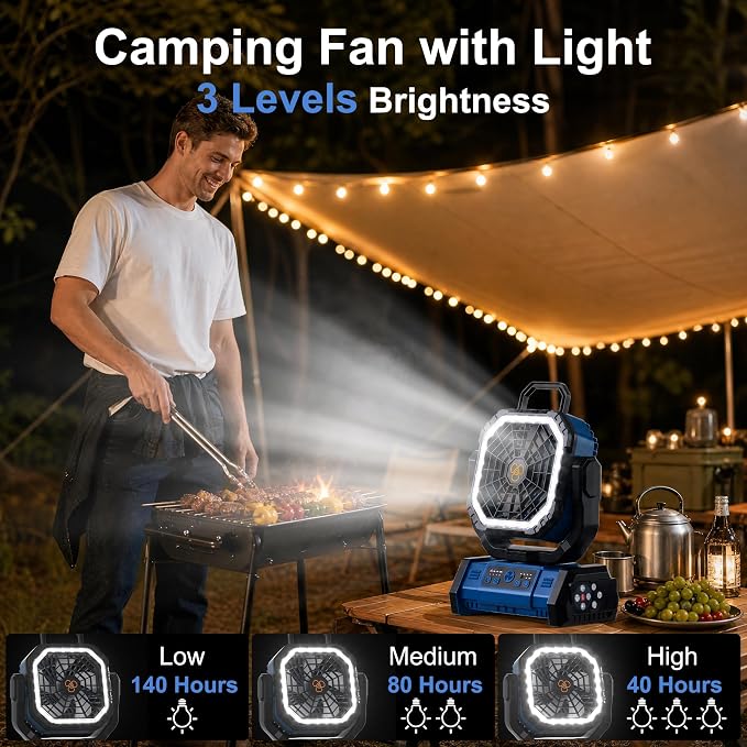 Honesorn 20000mAh Portable Rechargeable Fan, Camping Fan with LED Light & Remote, USB C Cordless Battery Powered, 4 Speeds Timer Hanging Hook for Travel Tent Outdoor Essentials, Navy Blue