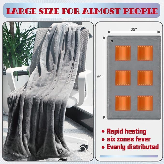 Cordless Wearable Heated Blanket with Power Bank, USB Battery Operated Electric Throw Shawl, 3 Heat Levels & 6 Zones, Soft Flannel Portable Warm Blanket for Home Office, Outdoor, Camping, Travel-Grey