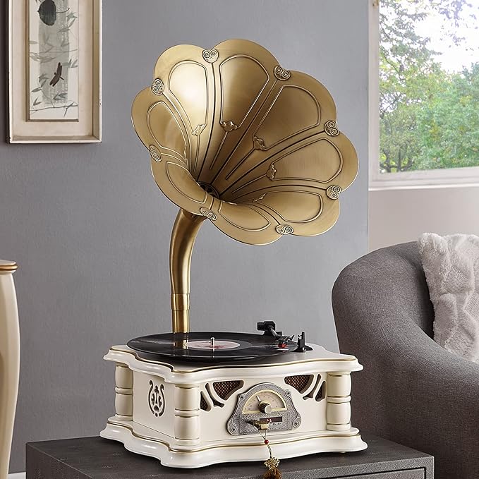 Gramophone Record Player Vintage,Retro Phonograph Vinyl Record Player,Horn Vinyl Tocadiscos DJ Turntable,Decorative Gramophone Speaker with USB Audio for Home/Villas/Restaurants/Parties/Classical Fans