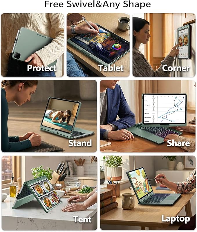 BABG for iPad 10th 11th (A16) Case with Keyboard&iPad Air 11(M4,M3,M2),360°Swivel,7 Use Modes,Rainbow Backlight Keyboard for iPad Pro 11(1st/2nd/3rd/4th Gen)&iPad Air 5th/Air 4th- Green