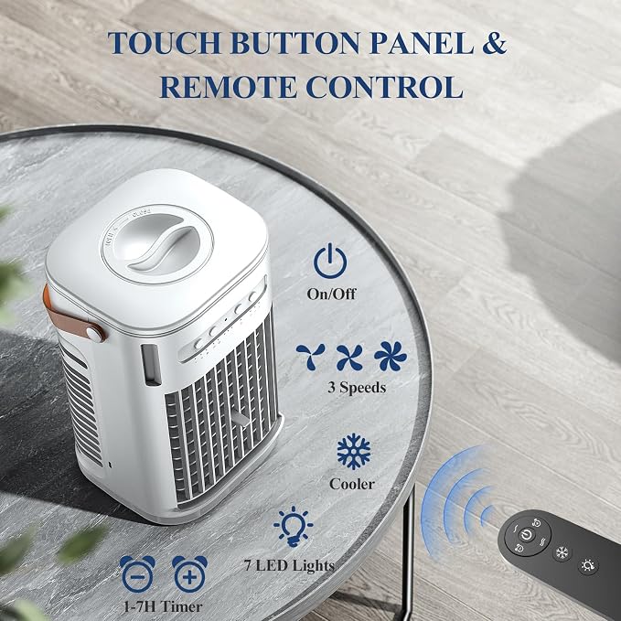 Portable Air Conditioners, 3-1 Mini Evaporative Air Cooler w/Remote, 1.2L Water Tank & 2 Ice Boxes, 7H Timer, USB Charging, 3 Speeds & 7 Color Lights, Personal Desktop Fan For Home Office Outdoors
