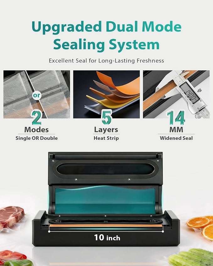 Vacuum Sealer for Food, 90kPa Auto Lock Food Sealer Machine, with Bag Rolls | Hands-free Auto Lock, 80+ Bags Continuous Sealing, 8mm Double Heat Seal for Moist Foods, Built in Cutter & Roll storage