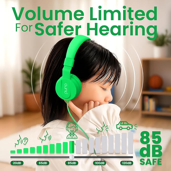 Puro Sound Labs Kids Wired Headphones – Volume-Limiting & Adjustable, Safer & Comfortable Headphones for Kids – Compatible with PCs, Smartphones & Tablets, Ideal for School & Travel – PuroBasic, Green