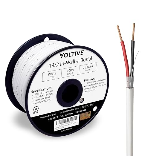 Voltive 18/2 Low Voltage Wire, in-Wall CL3 & Direct Burial, White, 100ft - 18AWG, 2 Conductors, Stranded Bare Copper, UL Listed - V-1212-2