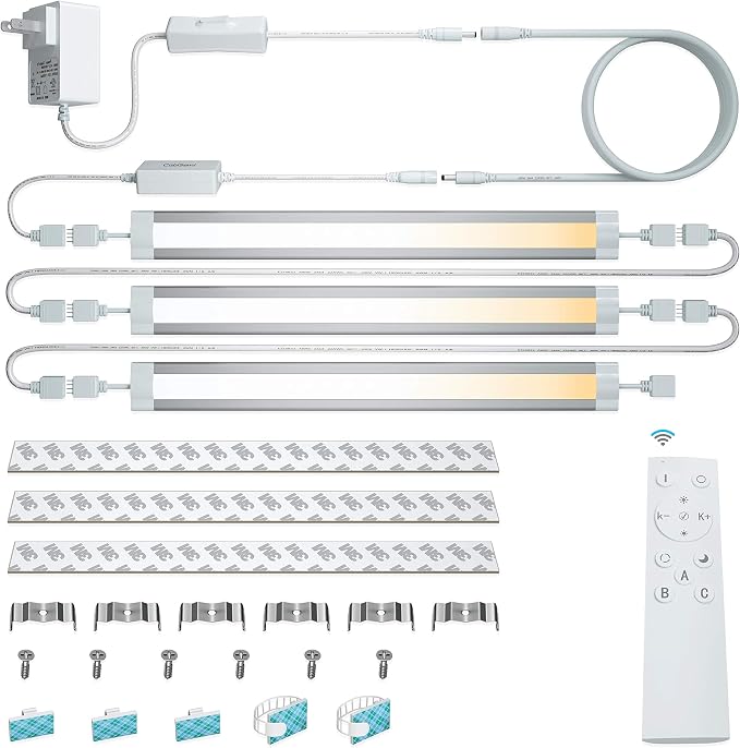 Under Cabinet LED Lighting, 3 PCS LED Strip Lights with Remote Control Dimmer and Adapter, Dimmable for Kitchen Cabinet,Counter,Shelf,Workbench, Pantry, Color Temperature Adjustable (3 Bars Kit)