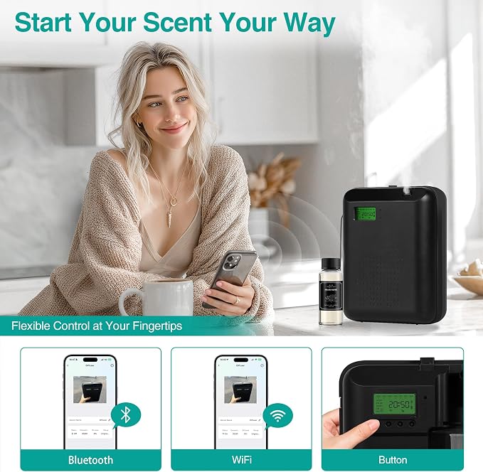 Scent Air Machine Starter Kit – Waterless Diffuser for Home & Commercial Use, Hotel Scent Diffuser Includes 100ml Essential Oil, WiFi/Bluetooth Control, 2000 sq.ft Coverage, Wall-Mount & Desktop,Black