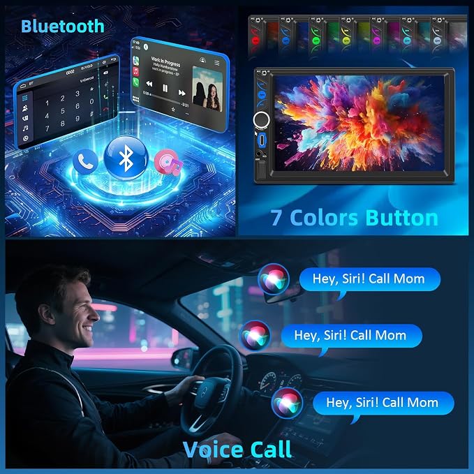 Wireless Double Din Car Stereo A-pple Carplay Radio Screen for Car Audio Receivers, Bluetooth Car Play Android Auto 7" Touchscreen, Car Radio Support Bluetooth, Mirror Link, FM/AM, Type-C