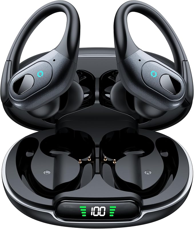 occiam Active Noise Cancelling Earbuds Wireless Bluetooth Headphones Ear Buds 90Hrs Playback Stereo Bass Earphones with Mic Over-Ear Hooks IPX7 Waterproof Headset for Work Sports Running Matte Black