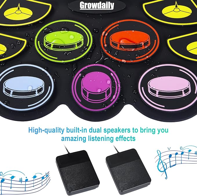 Electric Kids Drum Set,Electronic Drum Set Practice 9 Pads With Stand,Music Recording,Light Up Drum Sticks,Drum Pedal,Midi,Dual Stereo Speaker(Rainbow)