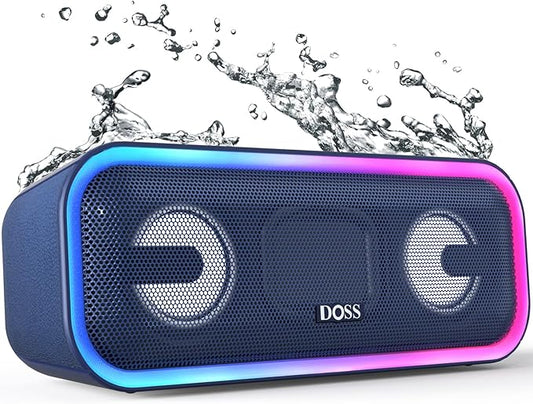 DOSS SoundBox Pro+ Bluetooth Speaker, Immersive 24W Stereo Sound with Booming Bass, IPX6 Waterproof, 15H Playtime, Mixed Colors Lights, Wireless for Backyard, Hiking, Garage, Party-Blue