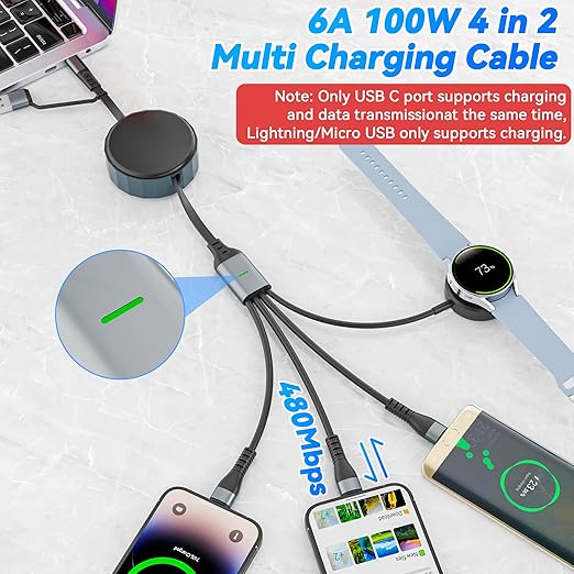 Multi Charging Cable for Samsung & Apple Devices - 100W Retractable USB-C to Lightning Fast Charger, Compatible with iPhone, iPad, Galaxy Watch 7/6