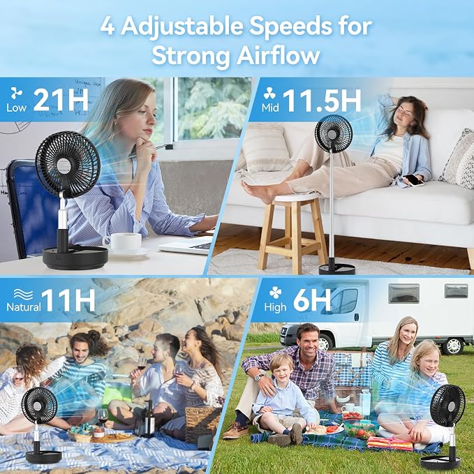 Portable Oscillating Rechargeable Fan, Battery Operated with 4 Speed Settings & Remote Control, Desk Travel Fan for Sleeping, Camping, Cruise, RV - Black 8" USB C