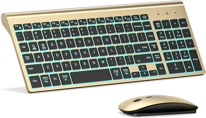 Wireless Keyboard and Mouse Ultra Slim Combo, TopMate 2.4G Silent Compact USB 2400DPI Mouse and Scissor Switch Backlit Keyboard Set, for PC/Laptop/Windows/Mac/Gaming - Gold Black