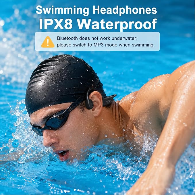 Swimming Headphones Underwater, Bone Conduction Swimming Headphones IPX8 Waterproof Open Ear Headphones with 32GB Built-in MP3, Bluetooth 6.0 Dual Mode, Dual Device Pairing, Magnetic Charging(Black