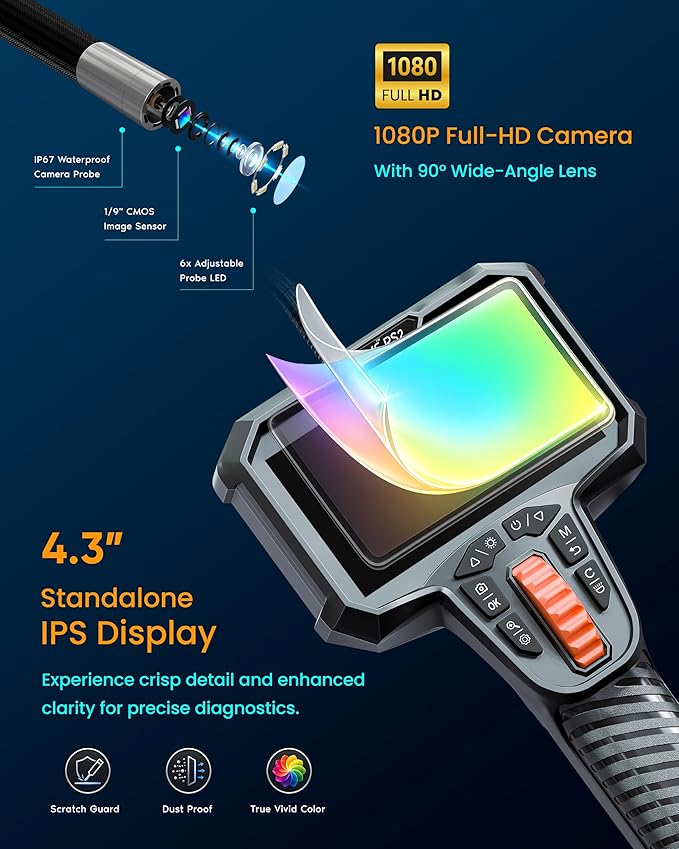 ROVE RS2 Two-Way Articulating Borescope Camera with Light, 1080P Industrial Endoscope Inspection Camera with 180° Articulated Slim 6.2mm Probe, 4.3” IPS Screen, for Wall Automotive, Mechanics, and DIY