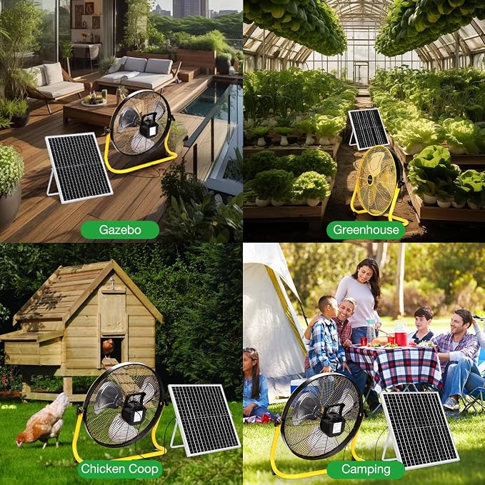 blessny 18" Large Solar Rechargeable Floor Fan with 35W Solar Panel for Home Outdoor Camping Gazebo Greenhouse Barn Poultry Pet House Cooling or Air Circulation, 23 Ft Long Cord