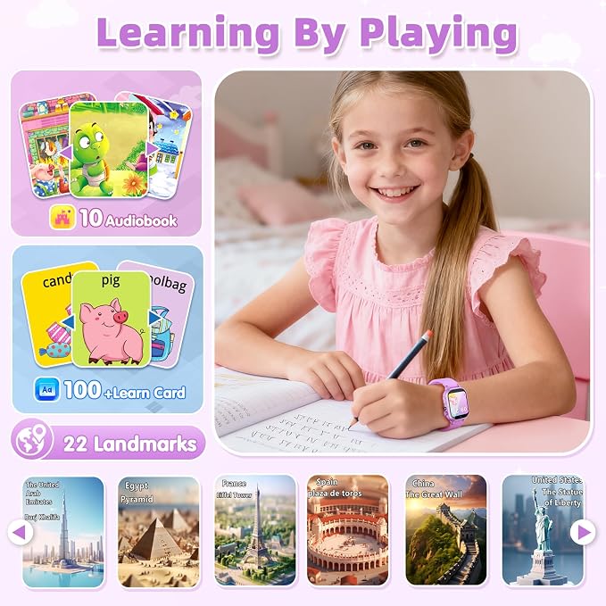 Smart Watch for Kids Girls Gifts for Aged 4-12, 40 Games HD TouchScreen Kids Watch with Video Camera Music Pedometer Audiostory Learn Card 2 Extra Bands Birthday Gift for 6 7 8 9 Year Olds（Purple）