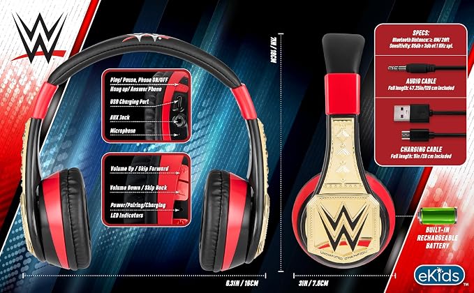 WWE Bluetooth Headphones for Kids, Volume Reduced Wireless Headphones for School Home or Travel (WWE)