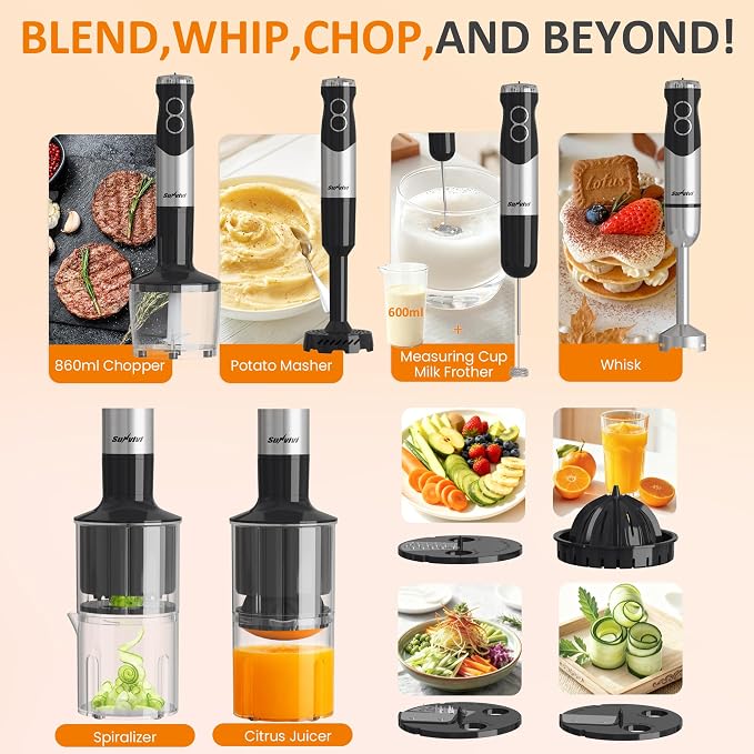 SUNVIVI 10-in-1 Immersion Blender Hand Blenders Set, 1000W Hand Stick Blender with 12-Speed, 860ml Chopper, Potato Masher, Whisk, Juicer, Frother for Soup, Baby Food and Smoothies, Black