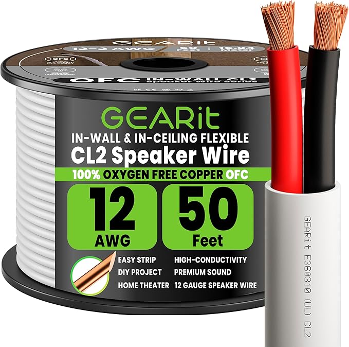 GEARit Speaker Wire 12 Gauge, UL CL2 Rated Speaker Cable, Audio Cable with Polarity Mark, OFC Oxygen-Free Copper Wire 12 AWG for in-Wall Home Theater Surround Sound, Car Audio Stereo(50FT, White)