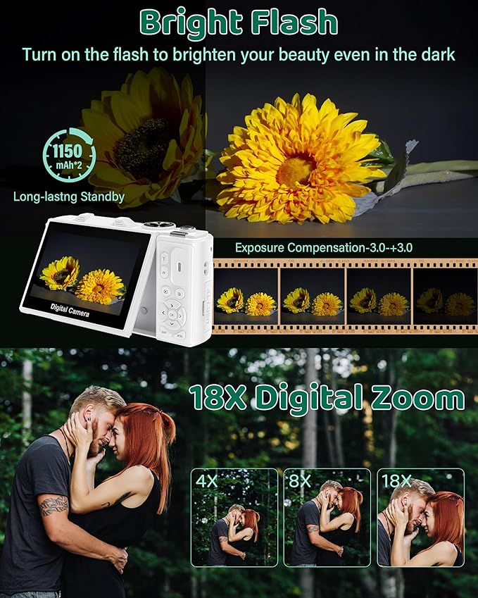 5K Digital Camera - WiFi 75MP Cameras for Photography - UHD Vlogging Camera for YouTube with 3" 180° Flip Screen - Autofocus Compact Video Travel Camara with 18X Zoom, 32GB SD Card, 2 Batteries