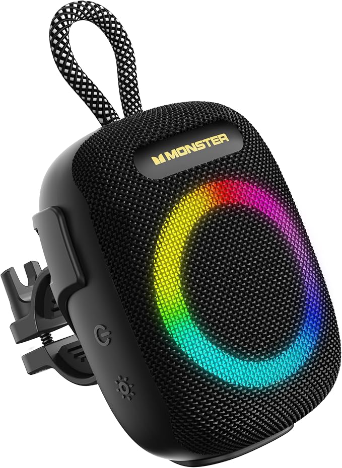 Monster S300 Portable Bluetooth Bike Speaker, IPX7 Waterproof Wireless Shower Speaker with RGB Lights, 10H Playtime, Loud Sound, Bluetooth 6.0, Bike Accessories, TWS, for Outdoors/Travel/Home, Black