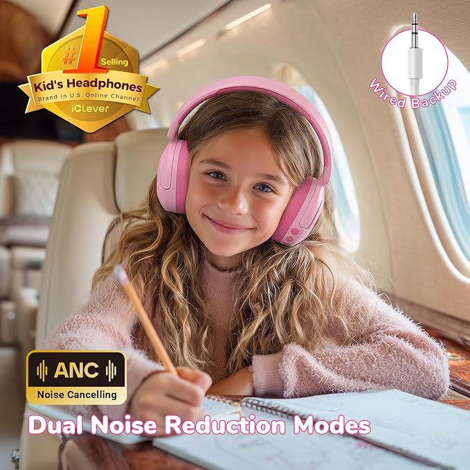iClever BTH20 Active Noise Cancelling Headphones for Kids, 60H Play Time,Type C Fast Charging, Safe Volume 80dBA, Bluetooth5.4, Award-Winning Kids Headphones Wireless for iPad Tablet Airplane, Pink
