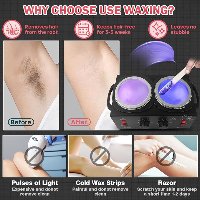 Wax Warmer for Hair Removal, Professional Waxing Heater Pot with Adjustable Temperature for Women Men, with 20 Wooden Wax Sticks (Black-Double Pots)