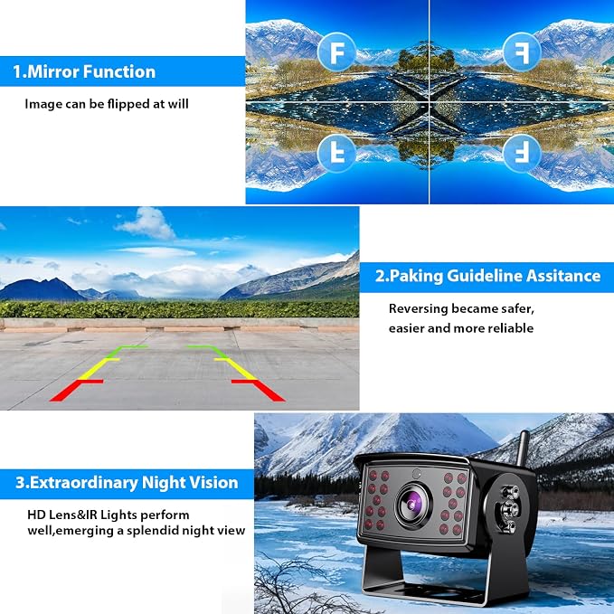 eRapta HD 1080P 10" Wireless Backup Camera System 10-inch for RV Truck Trailer Van Quad Split Monitor with Recording, IP69 Waterproof Rear View Side View Cameras, Digital Signal Parking Lines AWX103