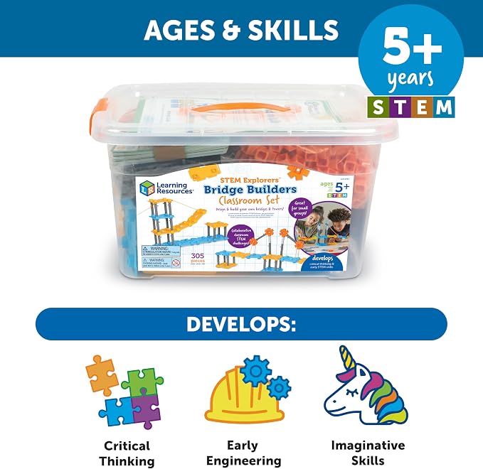 Learning Resources STEM Explorers Bridge Builders Classroom Set, 305 Pieces, STEM Projects for Students Ages 5+, Back to School and Teacher Supplies