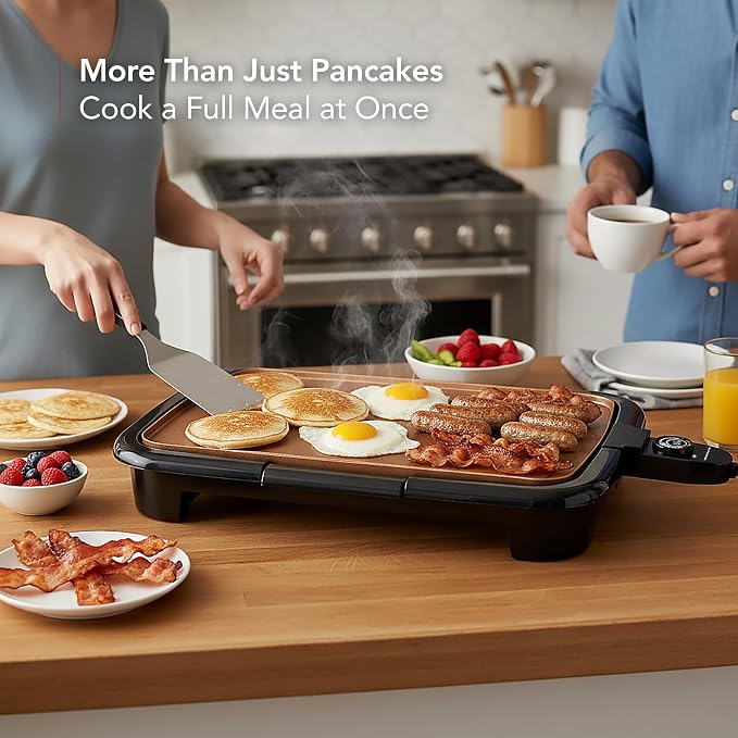 OVENTE Electric Griddle with 16 x 10 Inch Flat Non-Stick Cooking Surface, Removable and Adjustable Temperature Control, Indoor Grill for Instant Breakfast, Pancakes, Eggs or Burgers, Copper GD1610CO