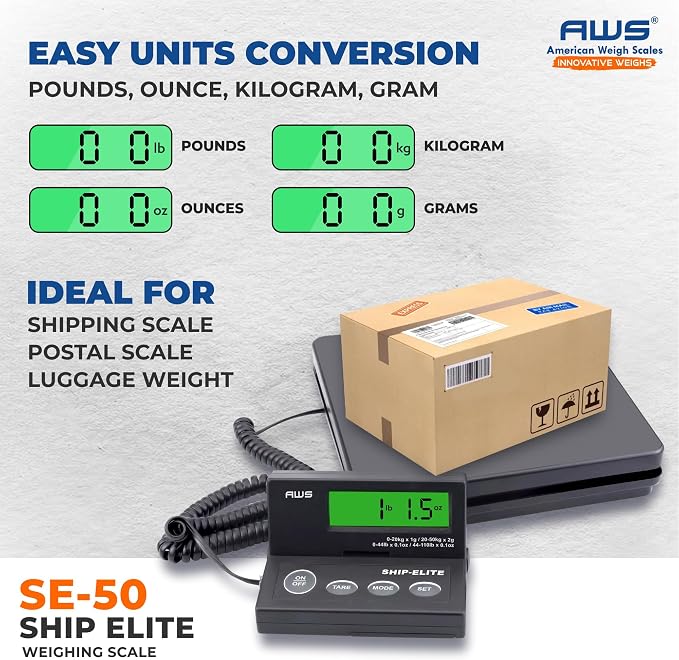 American Weigh Scales Digital Shipping Scale | Highly Accurate Multifunctional Postal Package & Luggage Weighing Scale | 110 lbs x 0.1 oz | Backlit LCD | Battery & AC Adapter | Compact Platform