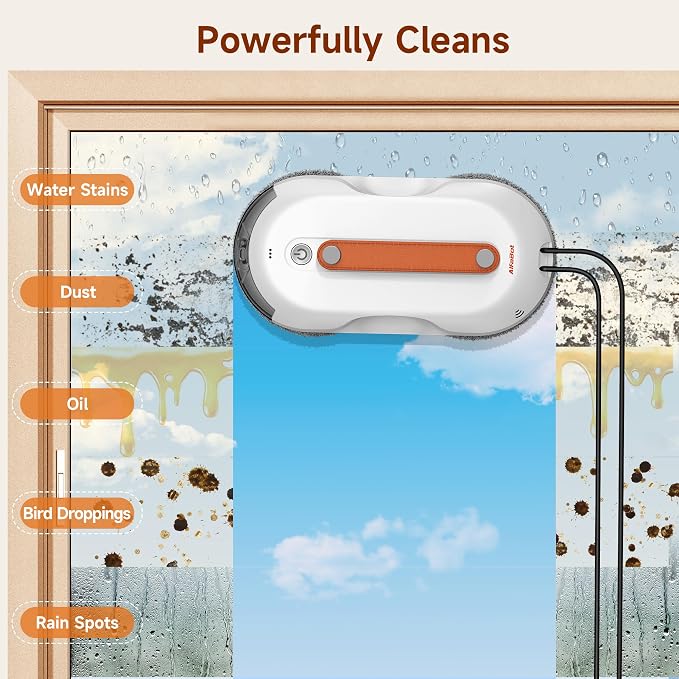 AlfaBot X7Pro Window Cleaning Robot, 6000Pa Suction Robotic Window Cleaner with Dual Auto-Water Spray, 60ml Tank, Smart Path Planning, Remote Control & Safety Rope for High-Rise Windows