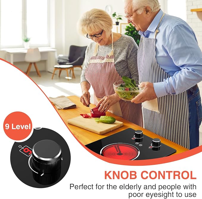 110v Electric Cooktop 2 Burners, 12'' Electric Stove Top with Plug in, Knob Control Countertop & Built-in Ceramic Cooktop, 9 Power Levels, Child Lock, Timer, Over-Heat Protection