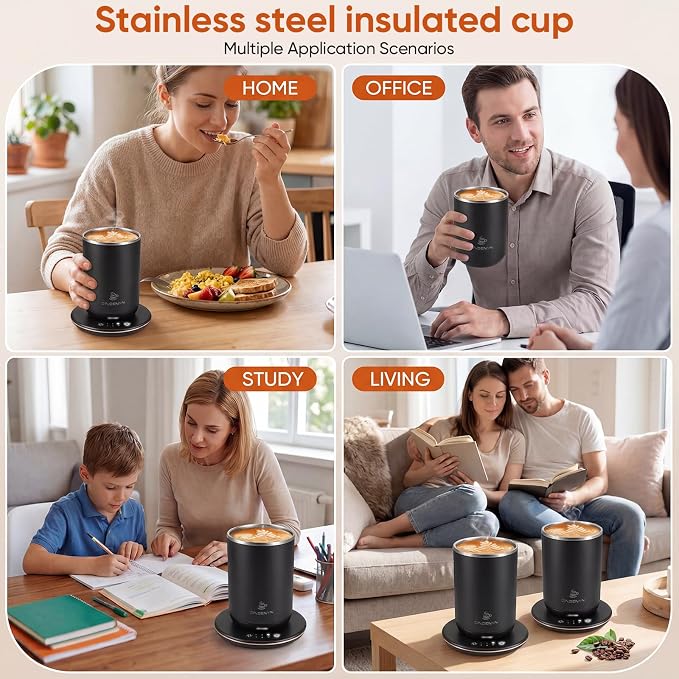 Self Stirring Coffee Mug, Self Heating Coffee Mug, Heated Cup with 3-Level Smart Temperature Control, Auto Shut-Off Electric Coffee Cup Warmer with Detachable Base, Gift for Family Friends (Black)