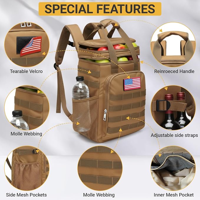 Fathers Day Gift-Tactical Backpack Cooler,Large Cooler Backpack Lunch Box for Men Adults Work with Handle,Insulated Soft Thermal Bag