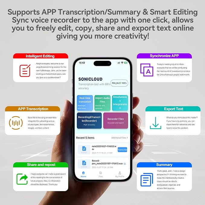 Ultra-Thin AI Voice Recorder with APP Control Support Unlimited Transcribe & Summarize, AI Note Taker with DSP Noise Cancellation,AI Recording Device for Meetings, Interviews, Lectures, Calls, Grey