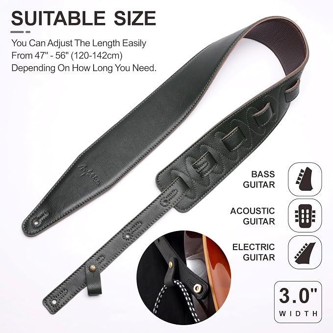 Nefelibata 3" Wide Guitar Strap, Full Grain Italian Leather Adjustable Guitar Straps with Foam Padding for Bass, Electric, and Acoustic Guitars