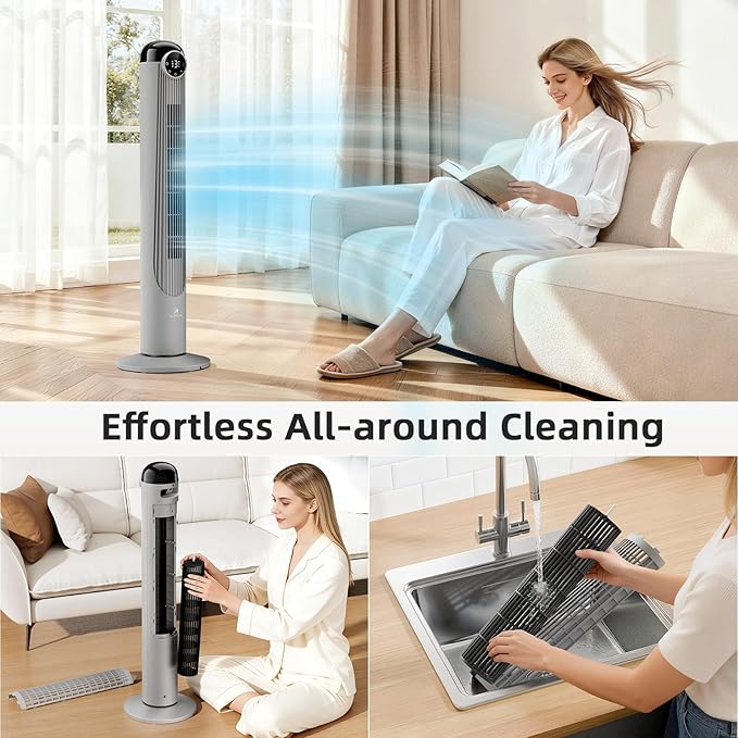 Antarctic Star T42 Tower Fan-42 Inch, Bladeless Oscillating Fan with Remote, 6 Speeds & 4 Modes, LED Display, 9H Timer, Quiet Floor Standing Fan for Bedroom Living Room Office, Grey