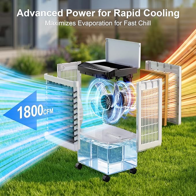Uthfy 1800 CFM Swamp Cooler, 31" Evaporative Air Cooler with 5.3 Gal Detachable Water Tank, 120° Oscillation, 3 Speeds, Remote, 12H Timer, Portable AC for Bedroom Office Patio