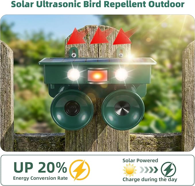 2026 New Ultrasonic Bird Repeller Solar Powered Outdoor IP65 Motion Activated Bird Pigeon Deterrents for Outside with Flash Light Woodpecker Goose Repellent Devices for Rooftops Porch Patio Balconies