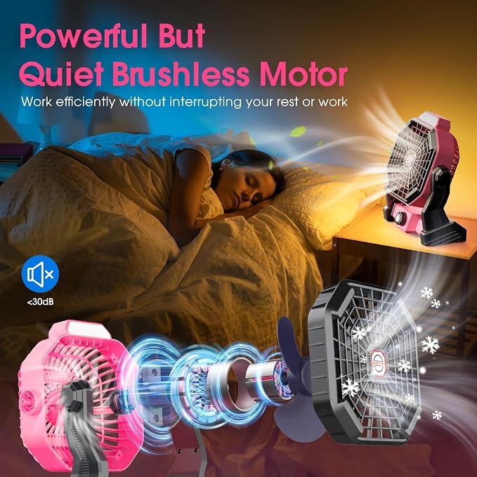 JINLICTE Portable Camping Fan, Rechargeable Battery Powered Tent Fans for Camp Hanging, [13-60Hrs Runtime], 9 Inch, Stepless Speed, Powerful&Quiet, for Picnic, Barbecue, Fishing, Travel, Home, Tent